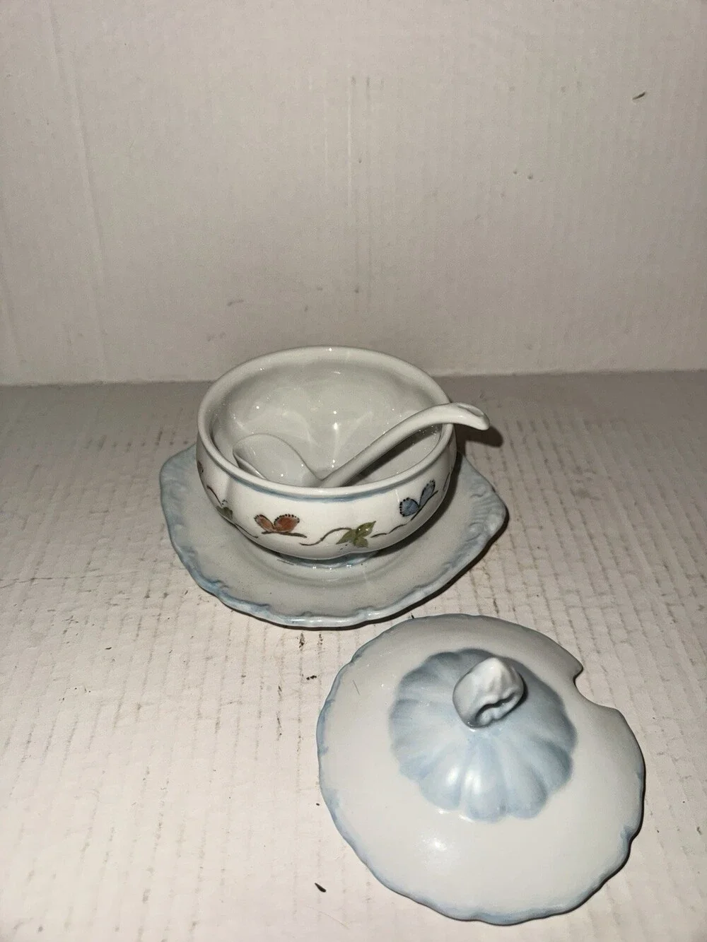 Haas & Czjzek Butterfly Jam Jelly Pot Blue White Porcelain Lid Plate Spoon Set